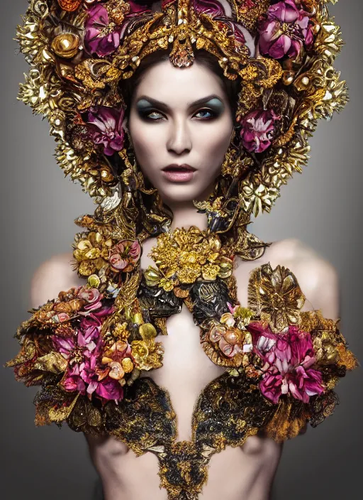 Image similar to full body photo of a female model, ornate headpiece made from flowers, ornaments, glamour shot, by karol bak, by stefan gesell, photorealistic, canon r 3, fashion photography, hyper maximalist, elegant, ornate, luxury, elite, environmental portrait, symmetrical features, octane render, unreal engine, solid dark grey background, dramatic lights