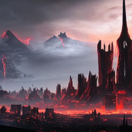 Prompt: mordor as a city, highly detailed, sharp focus, skyline, vast, gothic, lord of the rings, mount doom, 4 k, fantasy