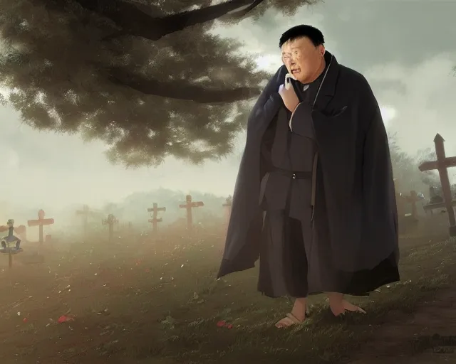 Image similar to a 50 year old brunnete chinese man Standing at a funeral in a cemetery next to the grim reaper, horror scene, dramatic, anime art, Greg Rutkowski, studio ghibli, dramatic lighting