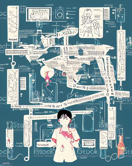 Image similar to a little girl in science lab experiment test tube microscope map. clean cel shaded vector art. minimalist illustration art by lois van baarle, artgerm, helen huang by makoto shinkai and ilya kuvshinov, rossdraws