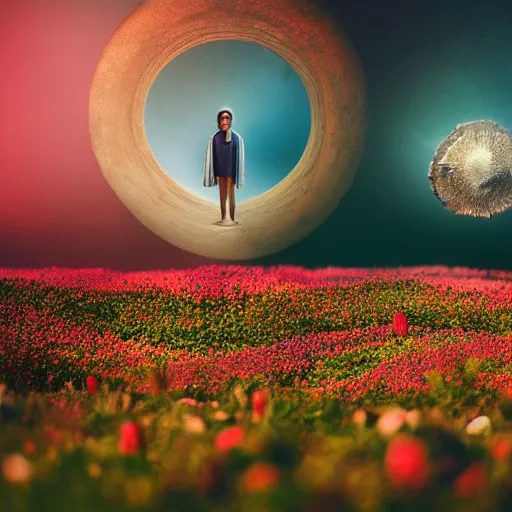 Prompt: A picture of a planet of various flowers, fungus and plants, in which the human figure is dressed in something magical and impressive, inside the picture is infinity, sunset light, Atmospheric phenomenon, artistic photography, muted colors, conceptual