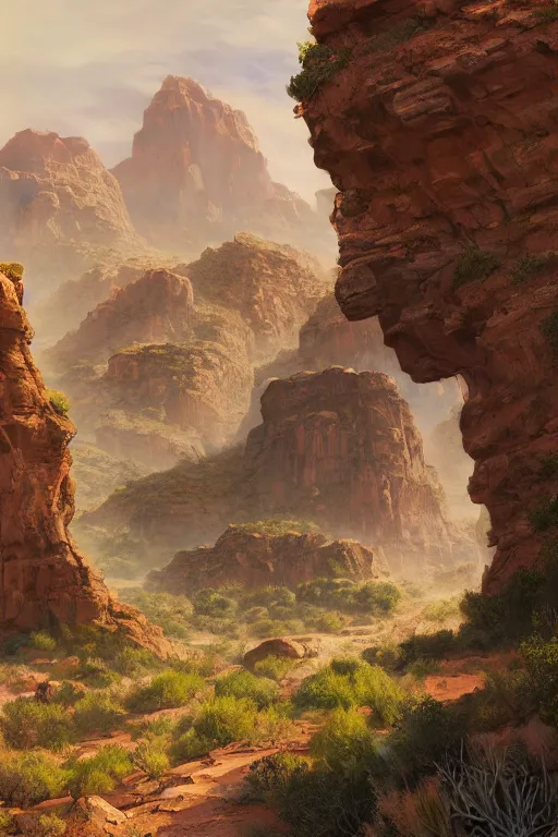 Prompt: beautiful utah desert, rock arcs, lush vegetation, landscape, alex ross, eddie mendoza, raphael lacoste, sebastian ludke, concept art, matte painting, highly detailed, rule of thirds, dynamic lighting, cinematic, detailed, magnificiant landscape, denoised, centerd