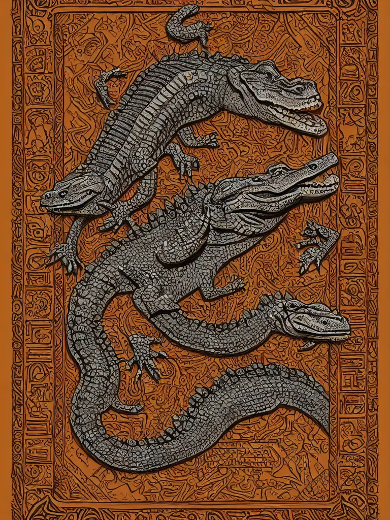 Image similar to aztec book decorative border frame, crocodile reptilian motifs, d & d, fantasy, intricate, elegant, highly detailed, digital painting, artstation, illustration, hearthstone