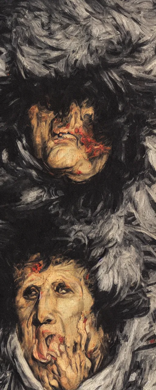 Image similar to a detail of a panting by francisco goya and ernst fuchs, angry face, war, fire, dark stone, explosions, 8 k, trending on artstation.