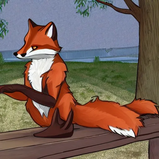 Image similar to a manly anthropomorphic fox wearing a t-shirt, sitting on a bench in a park, art nouveau, furry art, furaffinity, 4k