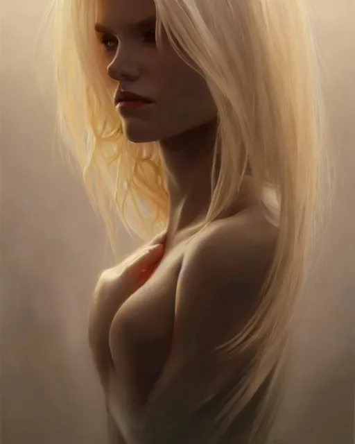 Image similar to portrait of a blonde vampire, dark, piercing eyes, gentle expression, elegant clothing, photorealistic, highly detailed, artstation, smooth, sharp focus, art by michael whelan, artgerm, greg rutkowski and alphonse mucha