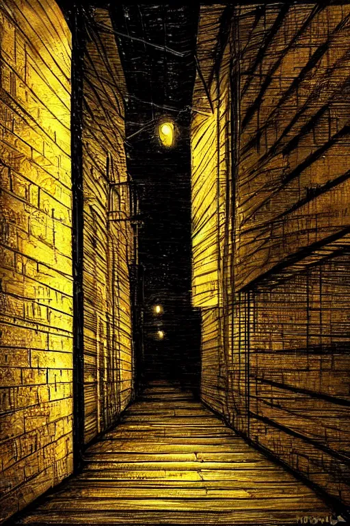 Image similar to a beautiful painting digital of a dark alley room at night with wooden crates metal grids by james gurney