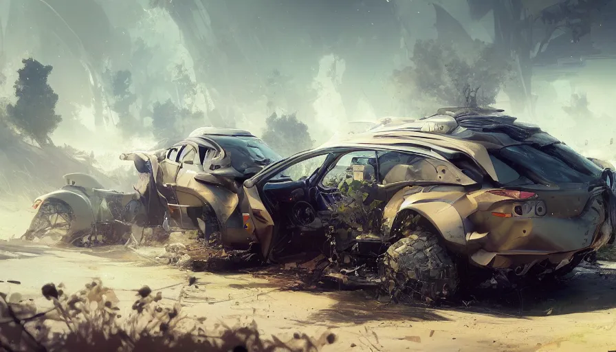 Prompt: a beautiful supercar converted into offroad suv by cory loftis, fenghua zhong, ryohei hase, ismail inceoglu and ruan jia. volumetric light, detailed, octane render, midsommar