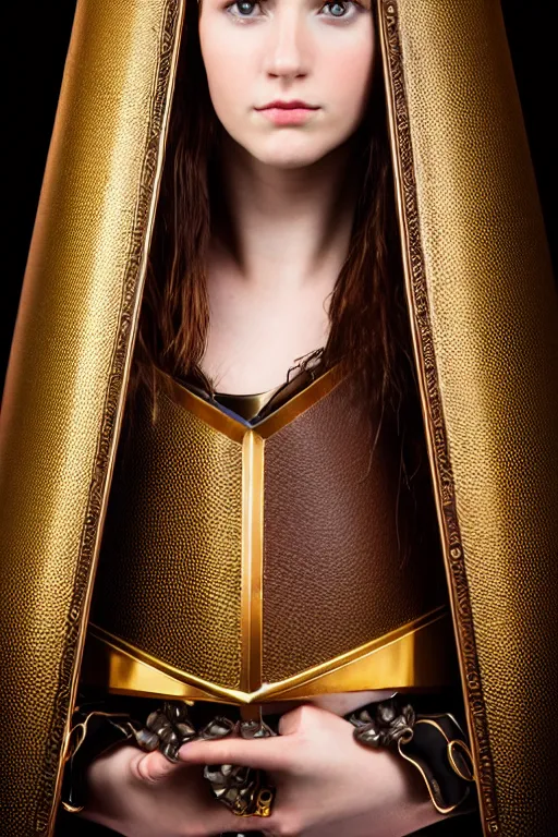 Image similar to female medieval knight, brown hair, by louis vuitton, gold and luxury materials, symmetrical, cinematic, elegant, professional studio light, real dlsr photography, sharp focus, 4 k, ultra hd, sense of awe, high fashion