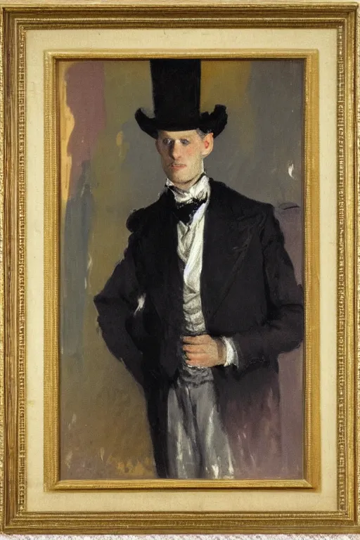 Prompt: portrait of alexander skarsgard as a gentleman wearing an edwardian suit and top hat by walter sickert, john singer sargent, and william open