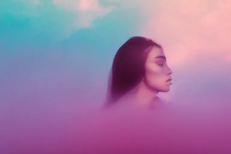 Image similar to high quality pastel coloured film photograph of a model wearing black clothing resting on clouds in a haze filled dreamstate world. three point light, rainbow. photographic production. art directed. pastel colours. volumetric clouds. pastel gradient overlay. waves glitch artefacts. 8 k. filmic.