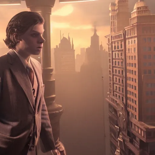 Image similar to screen capture from a live - action bioshock movie. andrew ryan, played by evan peters, is shown standing in an turn of the century style office front of an immense window looking out into the underwater city of rapture. the lights of the city are shining in the distance and an abundance of sea life is shown.