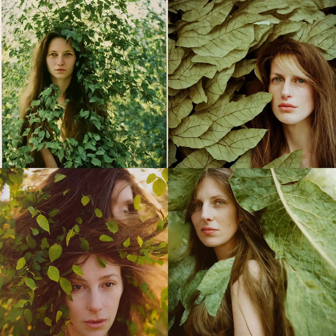 Prompt: An analog head and shoulder portrait photography of a woman behind multiple big leaves by Annie Leibovitz. Long hair. Kodak Portra 800 film. Depth of field. swirly bokeh. Sunshine. detailed. hq. realistic. warm light. muted colors. Filmic. lens flare. Leica M9, f/1.2, symmetrical balance, in-frame