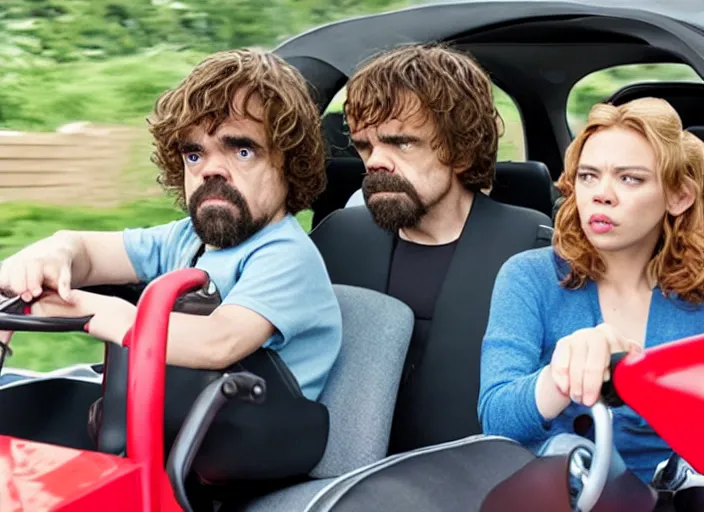 Image similar to peter dinklage and scarlett johannson driving a little tikes cozy coupe, movie still, from the new black widow movie, 8 k, realistic