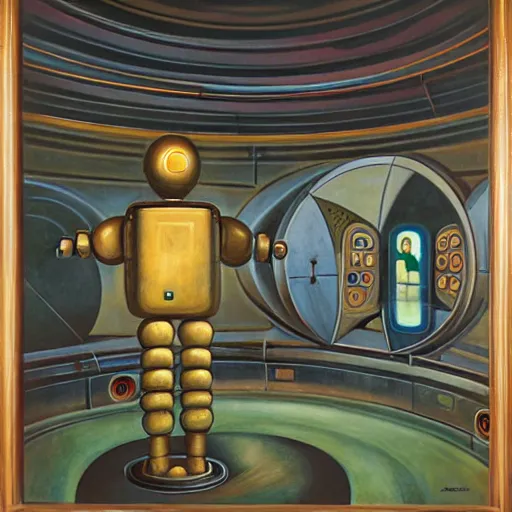 Prompt: robot being reanimated inside a dome - shaped control center, evil lair, pj crook, grant wood, oil on canvas