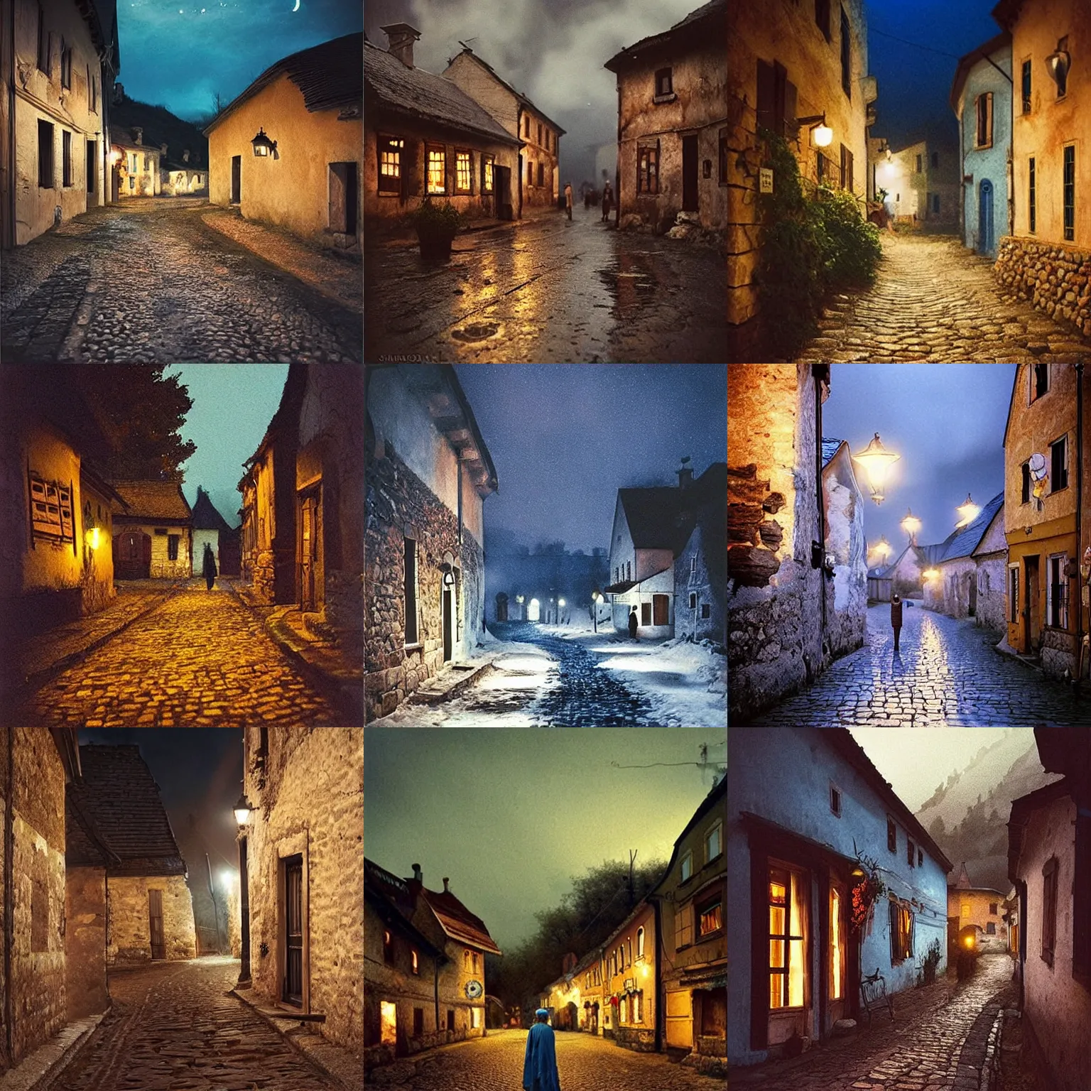 Prompt: a 1 9 th century, small hungarian village at midnight, atmospheric, hyperrealistic, detailed, hd, blue tones, award winning street photography by ian david soar and steve mccurry, trending on pinterest. com