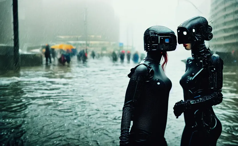 Image similar to cinestill 5 0 d candid photographic portrait by helen levitt of two loving female androids wearing rugged black mesh techwear in treacherous waters, extreme closeup, modern cyberpunk moody depressing cinematic, pouring rain, 8 k, hd, high resolution, 3 5 mm, f / 3 2, ultra realistic faces, ex machina