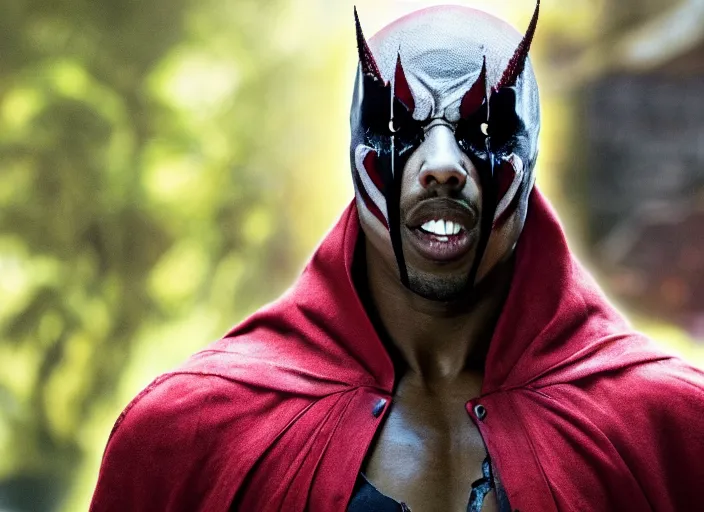 Image similar to film still of michael b jordan as spawn in the new spawn movie, giant chains, large cape, 8 k