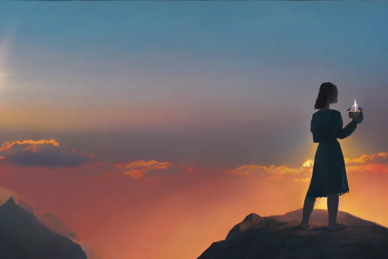 Image similar to painting of a mystical creature holding a source of light in her hands she is on top of a mountain, contemplating her existence in a beautiful sunset near dusk, cinematic composition