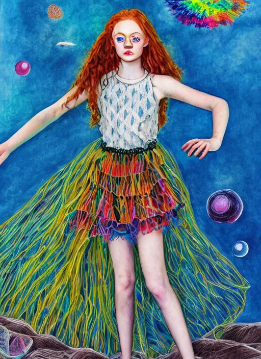 Prompt: surrealism psychedelic full body portrait sketch of sadie sink as delirium of the endless in fishnet top and rainbow tutu skirt from the sandman, floating goldfish, green and blue eye heterochromia by alex ross, josh kirby, detailed, elegant, intricate