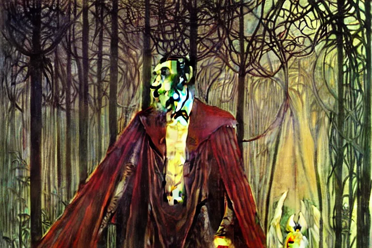 Image similar to realistic extremely detailed portrait painting of an elegantly creepy vampire man dressed as dracula, futuristic sci-fi forest on background by Jean Delville, Amano, Yves Tanguy, Alphonse Mucha, Ernst Haeckel, Edward Robert Hughes, Roger Dean, rich moody colours