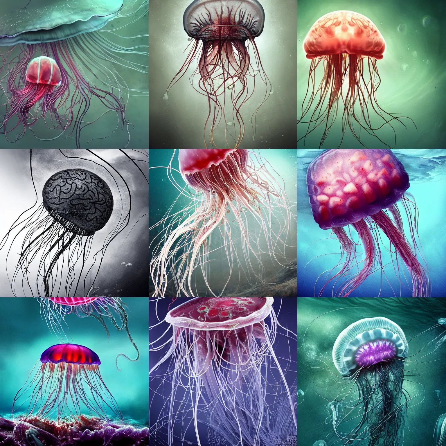 Prompt: jellyfish with an anatomical brain, beautiful, epic, cinematic, medium shot, hyper realistic, detailed, digital art, underwater, tendrils, seaweed, horror