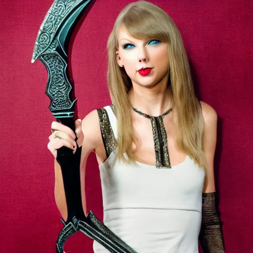 Image similar to taylor swift posing holding an elven sword, high quality studio photograph