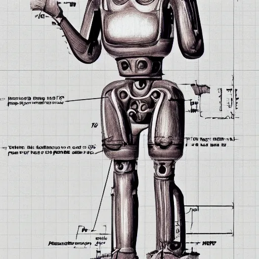 Prompt: technical drawing of ancient womanized!! humanoid robot, symmetrical, anatomically correct, old historical photo, ancient paper, photorealistic