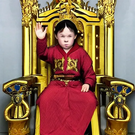 Prompt: on the throne sits a 7 - year - old child who is actually an 8 0 0 - year - old immortal king who is powerful and confident.