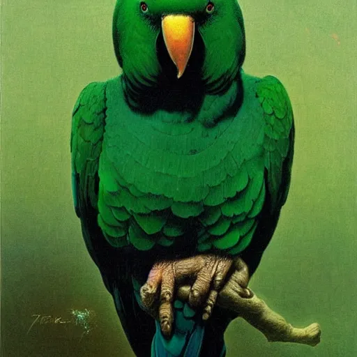 Prompt: beautiful emerald green parrot with red aura and eyes, by zdzisław beksinski, by gustave dore, very aesthetic portrait
