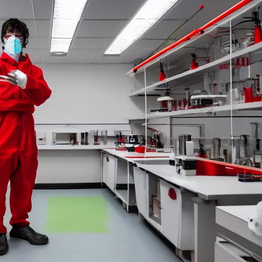 Prompt: a cyberpunk scientist with a green lab suit stands in a red and white science room doing an experiment that will change the universe