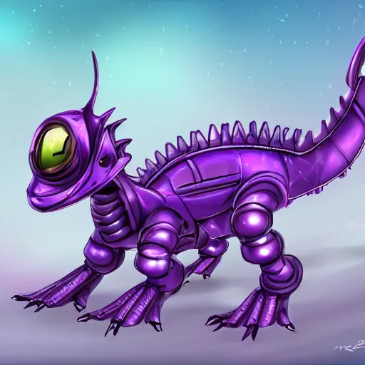 Image similar to very cute purple robototechnic dragon looking at camera, Disney, epic, digital art