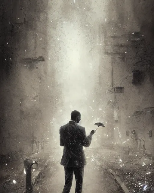 Image similar to a highly detailed portrait of black man smiling in the rain in a back tuxedo, wispy tendrils of smoke, intricate, digital painting, old english, raining, sepia, particles floating, whimsical background by marc simonetti, artwork by liam wong