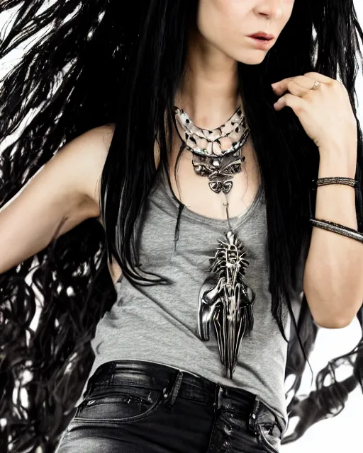 Prompt: a beautiful portrait photo of a Young female with long disheveled black hair , paper white skin and reflective eyes, black tank top, black leather shiny jeans, an ankh necklace white colors in the background, Death of the the Endless from Sandman comics, top cinematic lighting , cinematic mood, very detailed, shot in canon 50mm f/1.2