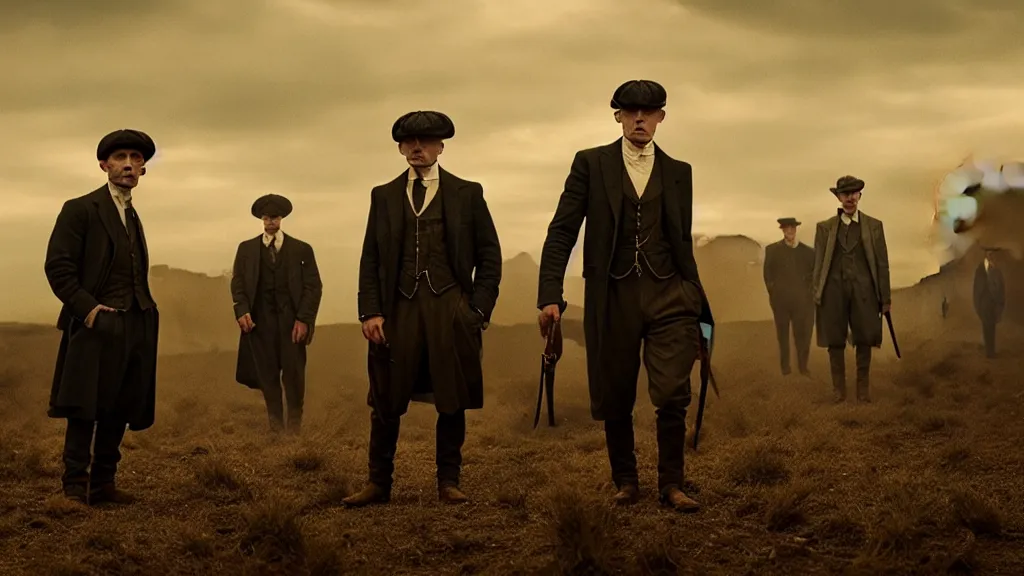 Image similar to the peaky blinders with prickly pears heads, film still from the movie directed by denis villeneuve with art direction by zdzis