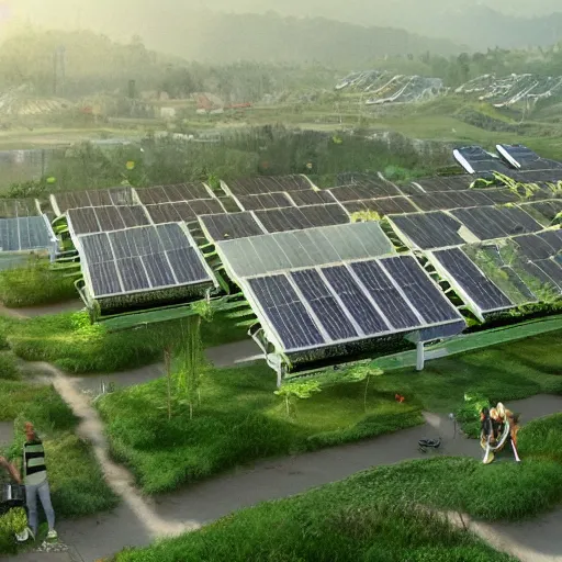 Image similar to eco village, solarpunk embodies an optimism towards the future that our society needs with solarroofs, solarpunk style