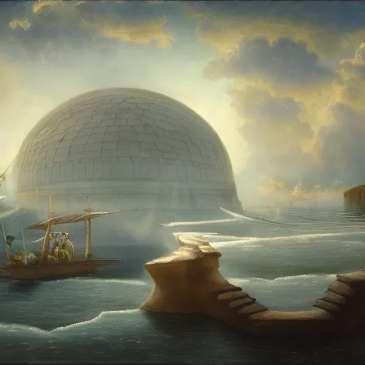 Image similar to The shadow of the dome of pleasure Floated midway on the waves; Where was heard the mingled measure From the fountain and the caves. It was a miracle of rare device, A sunny pleasure-dome with caves of ice!, cinematic lighting, detailed oil painting, hyperrealistic, 8k