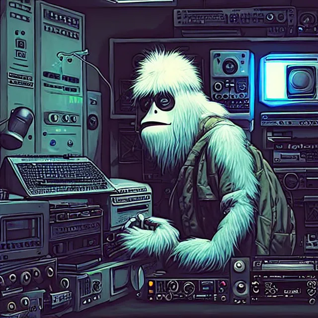 Image similar to a portrait of an anthropomorphic cyberpunk yeti podcasting while working in his secret electronics lab, detailed render, tape deck, microphone, boombox, headphones, epic composition, cybernetics, 4 k realistic, cryengine, realistic shaded lighting, sharp focus, masterpiece, by matteo scalera, gary montalbano, peter elson in the style of the tokyo ghost comic