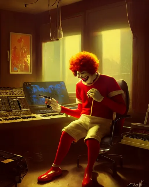 Image similar to ronald mcdonald with headphones at his home studio producing music late at night, very detailed, 4 k, concept art like ernest khalimov, intricate details, highly detailed by greg rutkowski, ilya kuvshinov, gaston bussiere, craig mullins, simon bisley