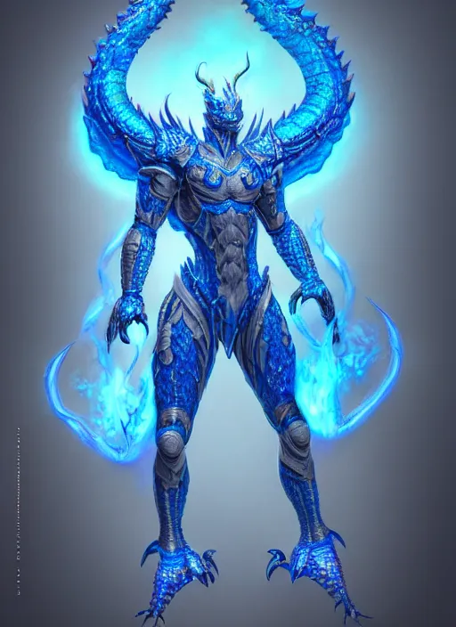 Image similar to muscular and tall blue ghostly fire humanoid dragon!!!! draconian!! intricate ornate iridescent heavy armor!! character concept art, sharp focus, octane render! unreal engine 5! highly rendered!! trending on artstation!! detailed linework!! illustration by artgerm, wlop, and chie yoshii