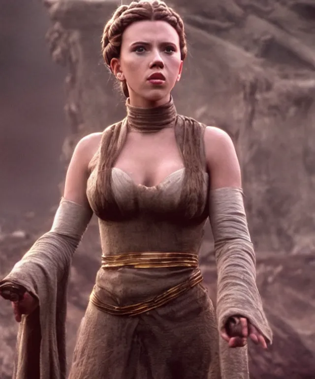 Prompt: Scarlett Johansson wearing slave outfit, starring as princess Leia in Star Wars Return of the Jedi, cinematic portrait, marine background