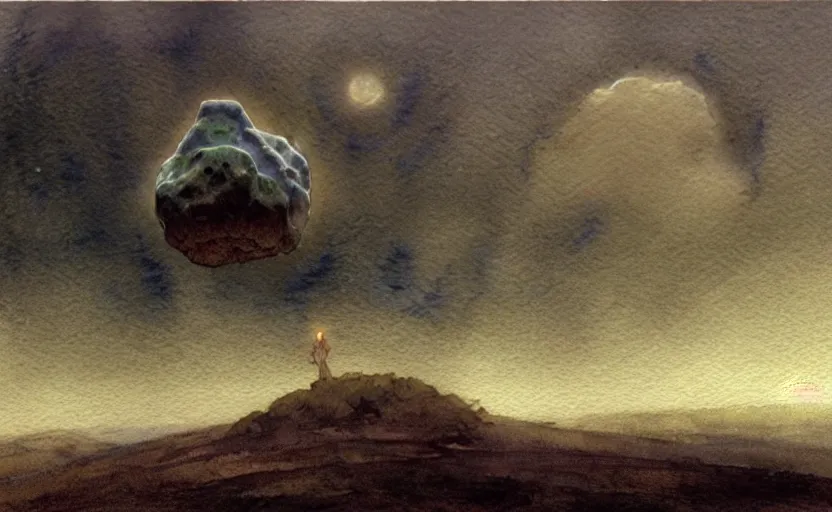 Image similar to a hyperrealist watercolour character concept art portrait of a giant asteroid floating in the air. it is a misty night on the moors of ireland. by rebecca guay, michael kaluta, charles vess and jean moebius giraud