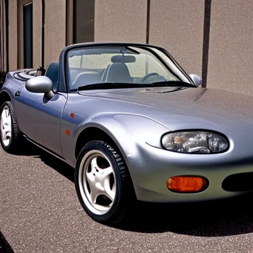 Image similar to a silver 1 9 9 9 miata. 3 5 mm 8 k