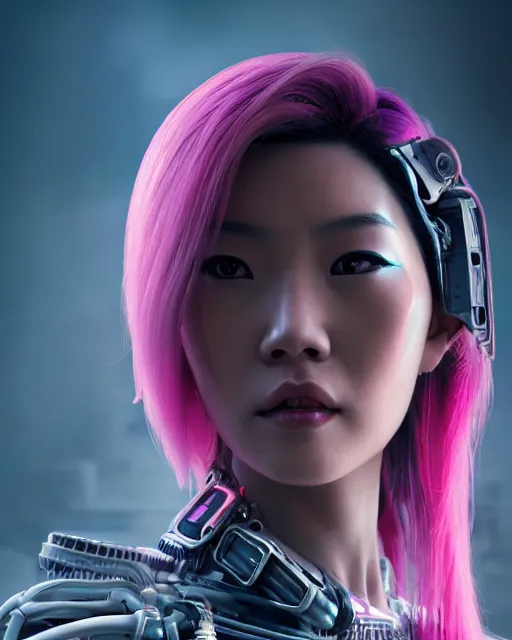 Prompt: portrait of a beautiful thai woman with pink hair as a cyberpunk cyborg half robot, sci - fi, missing panels, intricate abstract upper body intricate artwork, concept art, octane render, deviantart, cinematic, key art, hyperrealism, iridescent accents, portrait photograph, nikon 3 5 mm, photograph by greg rutkowski