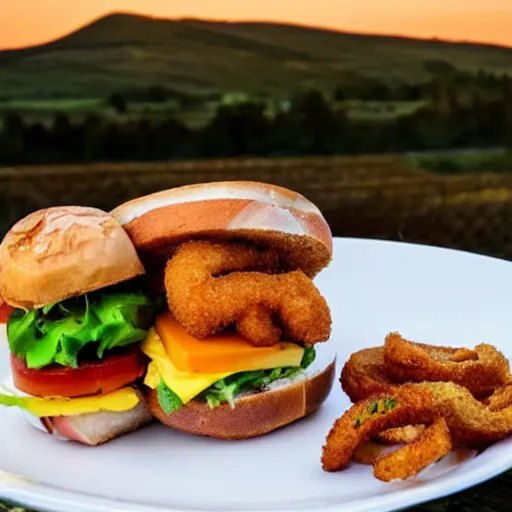 Prompt: sandwich with fried tofu, also one tomato slice, two onion rings, avocado and cheddar, over a dish and over a table, outside with a sunset and rainbow in the background with saturn and stars in the sky