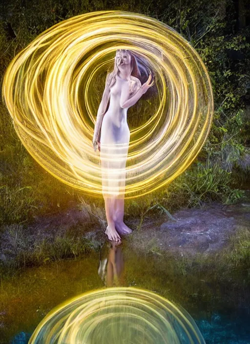 Image similar to an elegant goddess, flowing lightpainting swirling around her, highly detailed, photorealistic, surrounded by lake, reflections, smooth, sharp focus, ultrawide, art by lindsay adler and dani olivier and michael bosanko