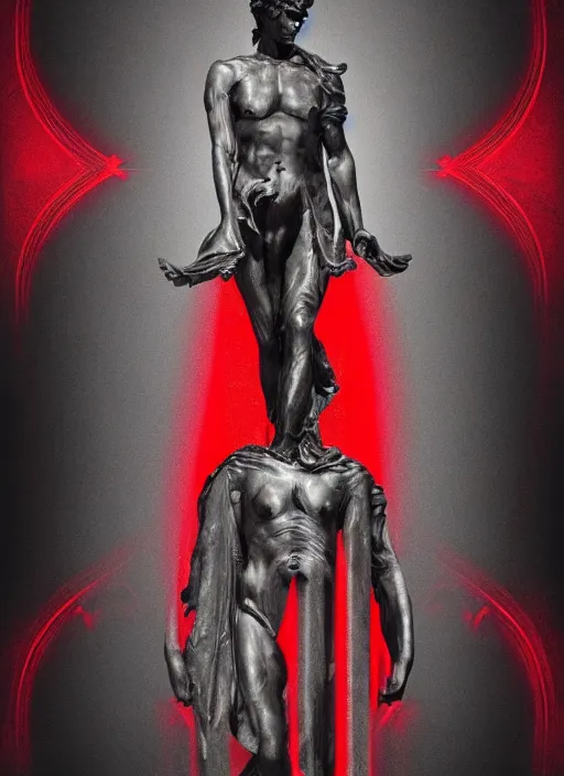 Image similar to elegant dark design poster showing a greco roman statue, black background with very subtle red and purple design elements, powerful, nekro, vito acconci, thick straight lines, dark, glitch art, neo vaporwave, gritty, layout frame, square, extremly detailed, trending on artstation