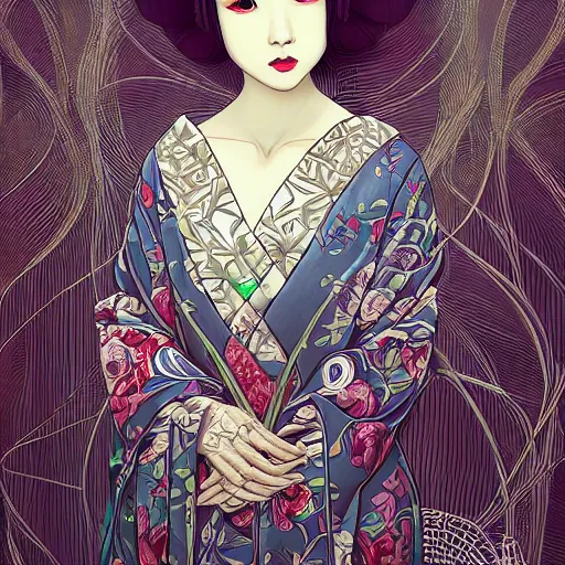 Prompt: the portrait of an unbelievably beautiful, elegant, sensual, and sophisticated young japanese geisha, an ultrafine detailed illustration by james jean, intricate linework, bright colors, final fantasy, behance contest winner, vanitas, angular, altermodern, unreal engine 5 highly rendered, global illumination, radiant light, detailed and intricate environment