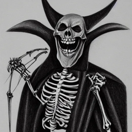 Image similar to pencil drawing of a devil skeleton in black coat