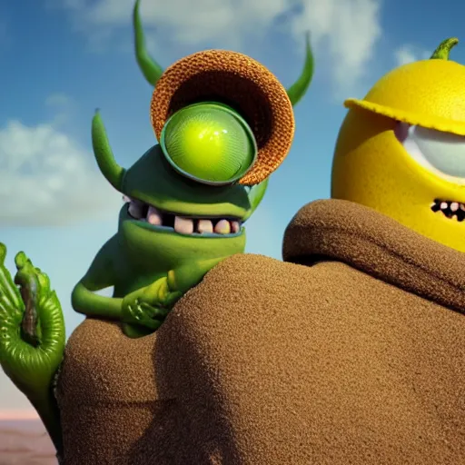 Image similar to 3 d render, of anthropomorphic lemon character looks like a monster from the movie وmonsters inc, with lemon skin texture, he is wearing a hat, building a sandcastle on the beach at sunset, beach, huge waves, sun, clouds, long violet and green trees, rim light, cinematic photography, professional, sand, sandcastle, volumetric lightening